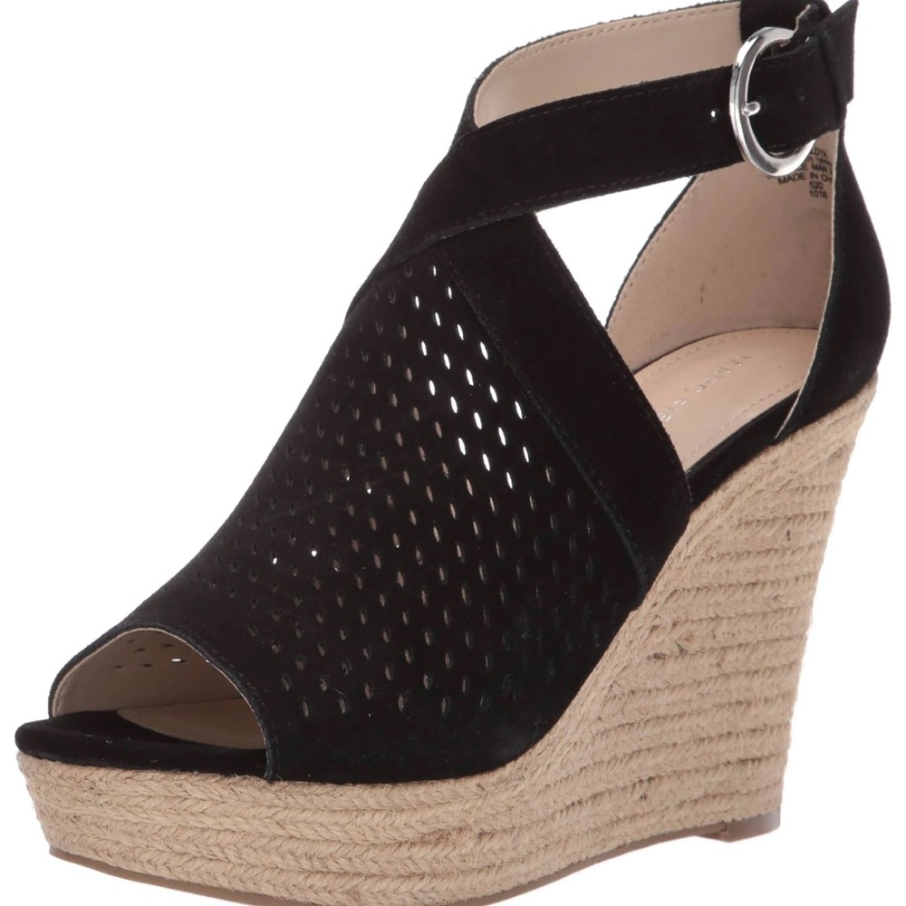 Marc Fisher Helyda  Espadrille‎ Black Suede Perforated  Wedge Sz 9